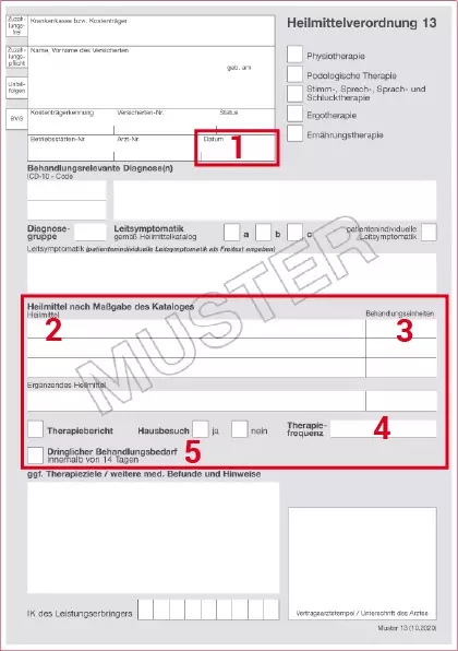 Musterdarstellung eines Rezeptes für eine Heilmittelverordnung. Mehrere Kästen sind farblich markiert um zu zeigen, an welchen Stellen wichtige Informationen stehen.