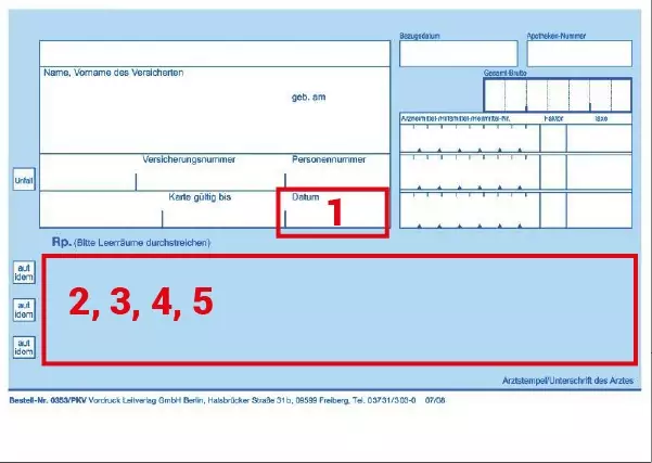 Musterdarstellung eines privaten Rezeptes. Mehrere Kästen sind farblich markiert um zu zeigen, an welchen Stellen wichtige Informationen stehen.
